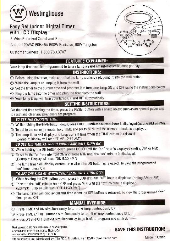 Programming westinghouse mod 28441 timer